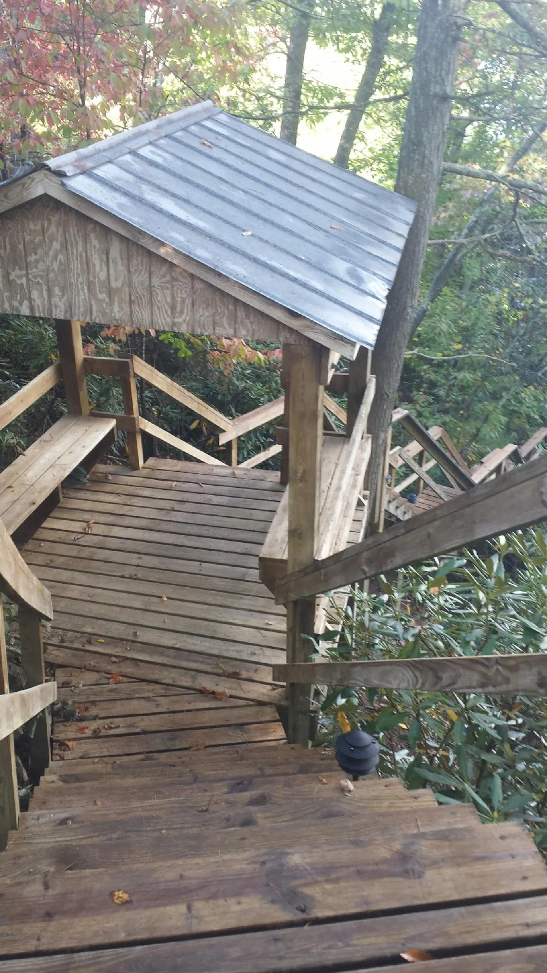 Metal roofed shelter over wooden steps on a wooded walkway — Skylight Repair & Installation work by our crew in New Raymer